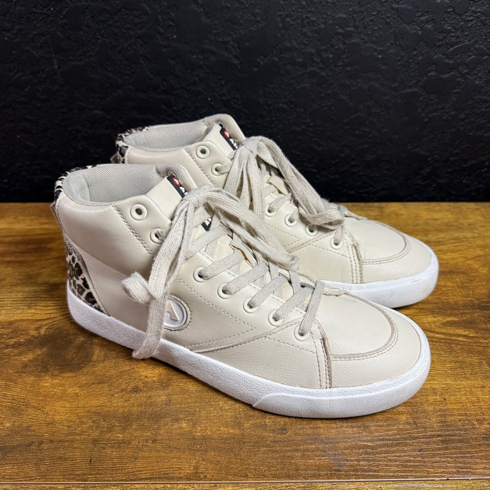 Airwalk Beige Leather Leopard Print High Top Sneakers Womens Size 9